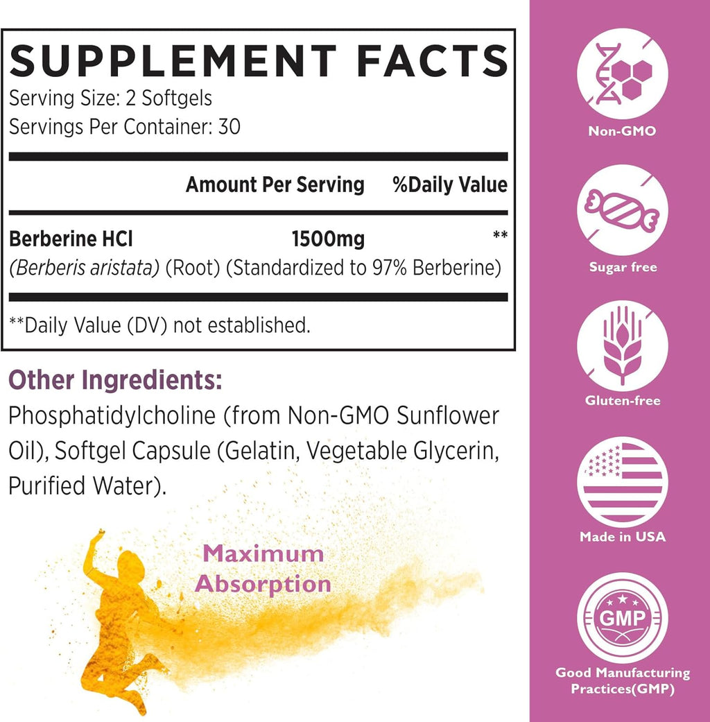 Liposomal Berberine Supplement 1500mg - Third Party Tested, High Bioavailability Berberine HCL Capsules for Women and Men, AMPK Activator for Cardiovascular Health, Sugar-Free, Non-GMO,120 Softgels