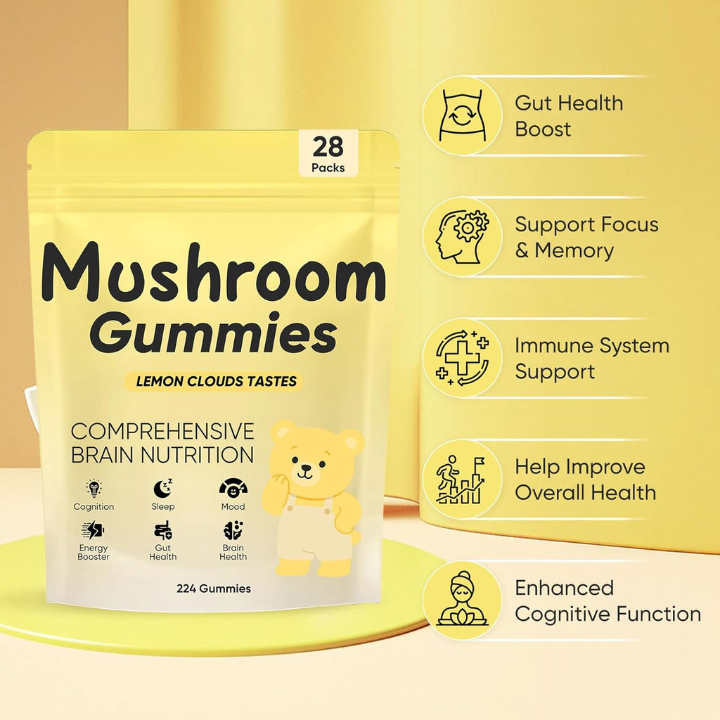 Lions Mane Mushroom Gummies – 10,000 mg Adaptogenic Mushroom Complex per Serving, Vegan, Low Sugar/Sugar-Free, Brain & Focus Support Supplement, 28 Daily Sachets