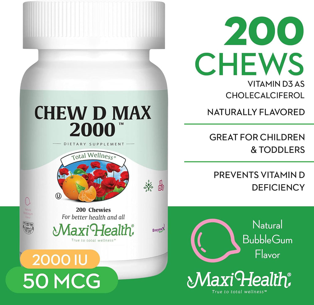 Maxi Health Chewable Vitamin D3 2000 IU Supplement - Delicious Natural Bubble Gum Flavor - Supports Calcium Absorption, Immune and Bone Health in Adult Women, Men, Children & Toddlers - 200 Chews