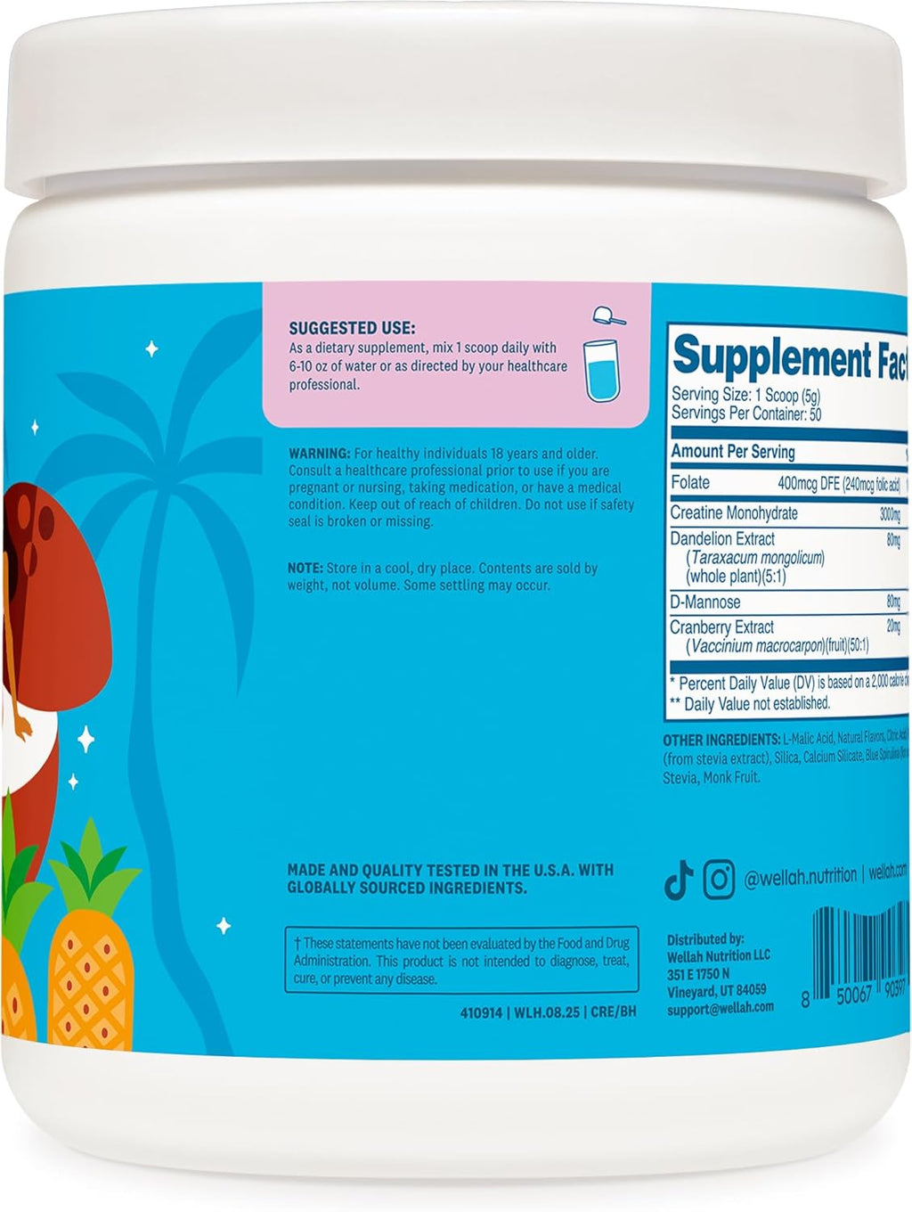 Wellah Creatine for Women (50 Servings) Blue Hawaii - 3g of Creatine Monohydrate Powder with Dandelion & Cranberry Extract