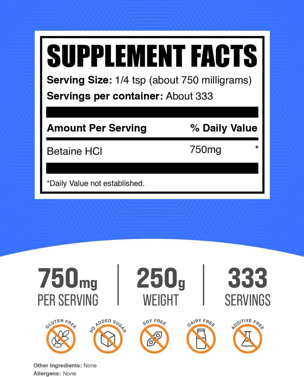 BulkSupplements.com Betaine HCl Powder - Betaine Hydrochloride Supplement, Digestive Support - Gluten Free, 750mg per Serving, 250g (8.8 oz) (Pack of 1)
