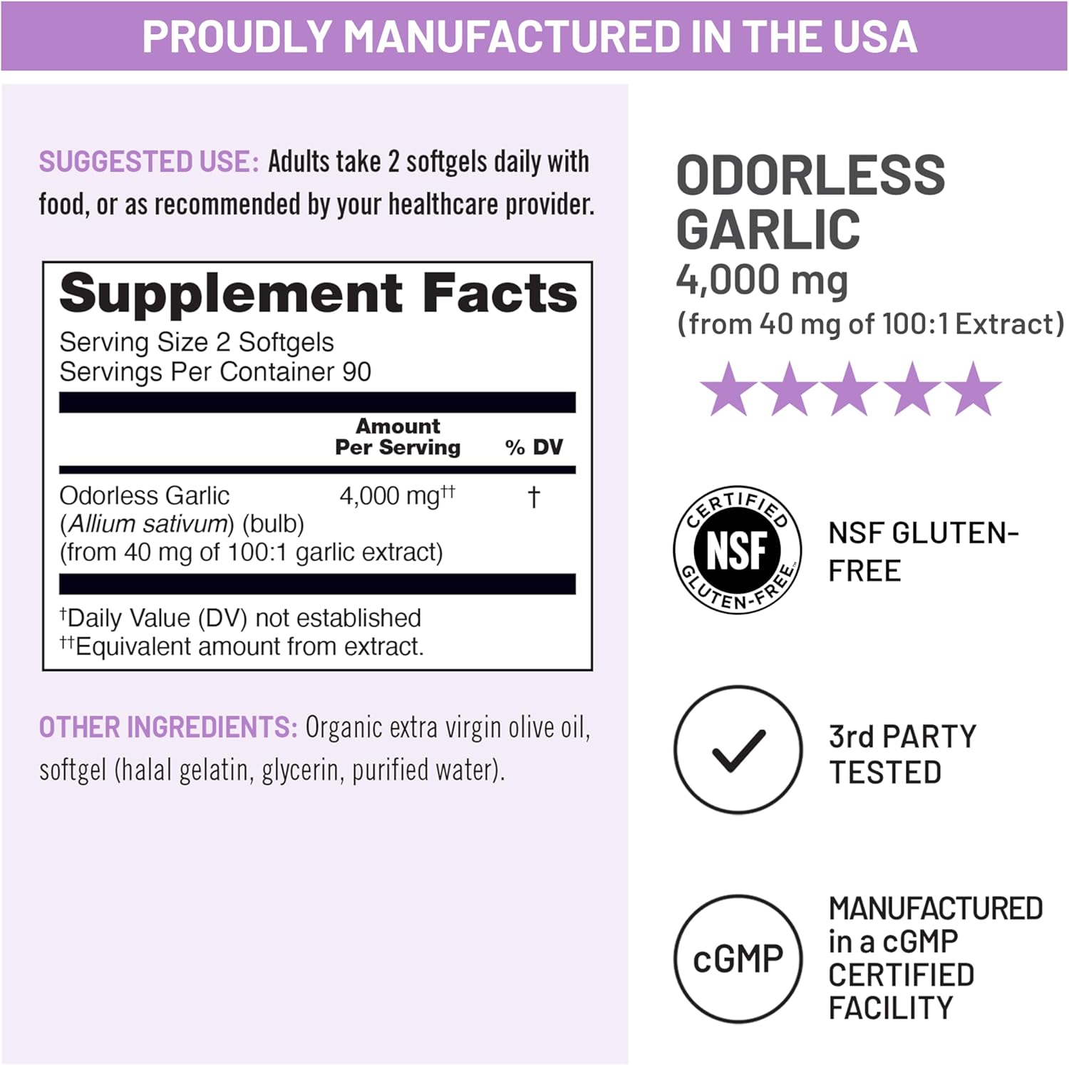 NatureWise Odorless Garlic Supplement 4000mg - Ultra Potent 100:1 Extract - Healthy Cholesterol Formula, Heart Health Support - Non-GMO, Gluten Free, with Halal Gelatin - 180 Count[90-Day Supply]