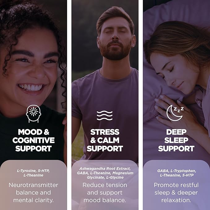 Mood Support Supplement with GABA, Ashwagandha, L-Theanine, L-Tyrosine, L-Glycine, 5-HTP & Magnesium – Supports Relaxation, Mood & Restful Sleep – Non-GMO, Vegan (120 Veg Capsules)