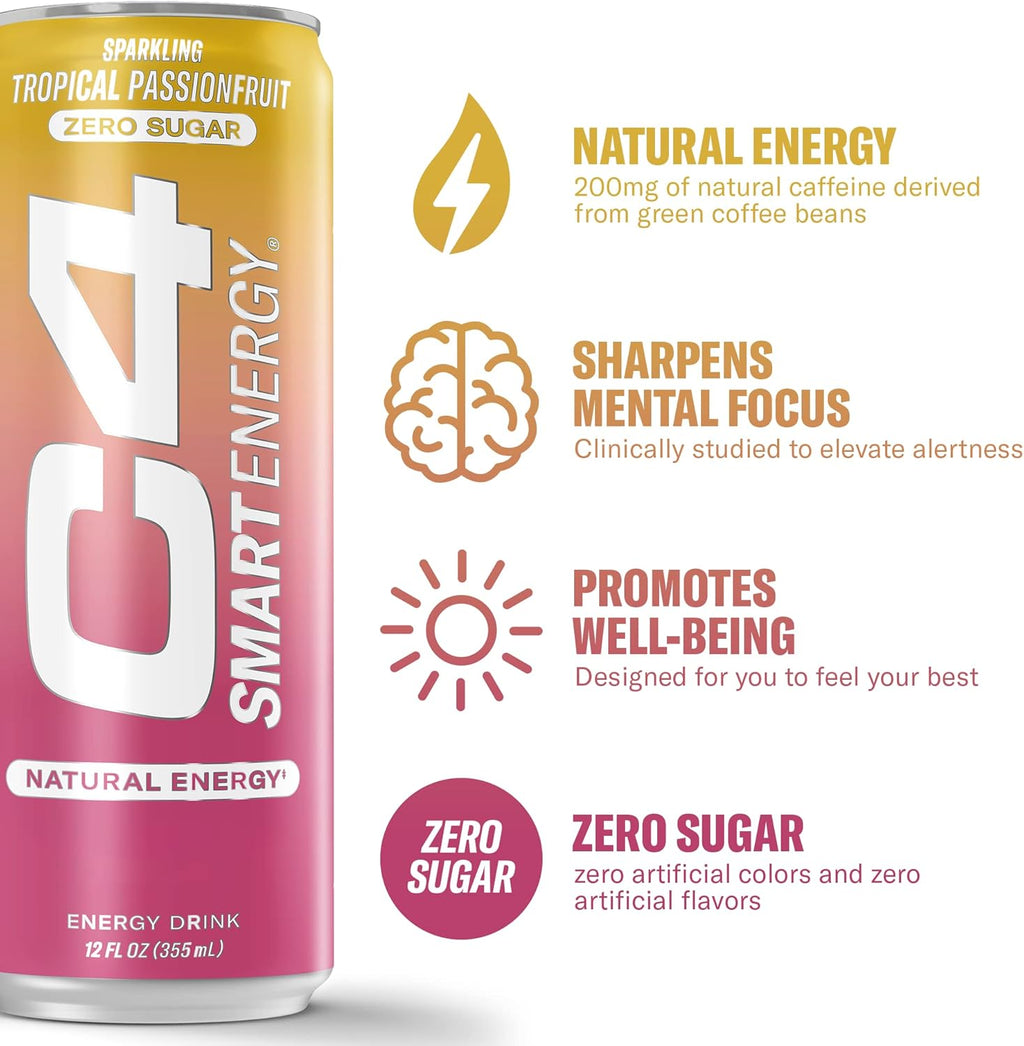 Cellucor C4 Smart Energy Drink - Sugar Free Performance Fuel & Nootropic Brain Booster, Coffee Substitute or Alternative | Tropical Passionfruit 12 Oz - 12 Pack
