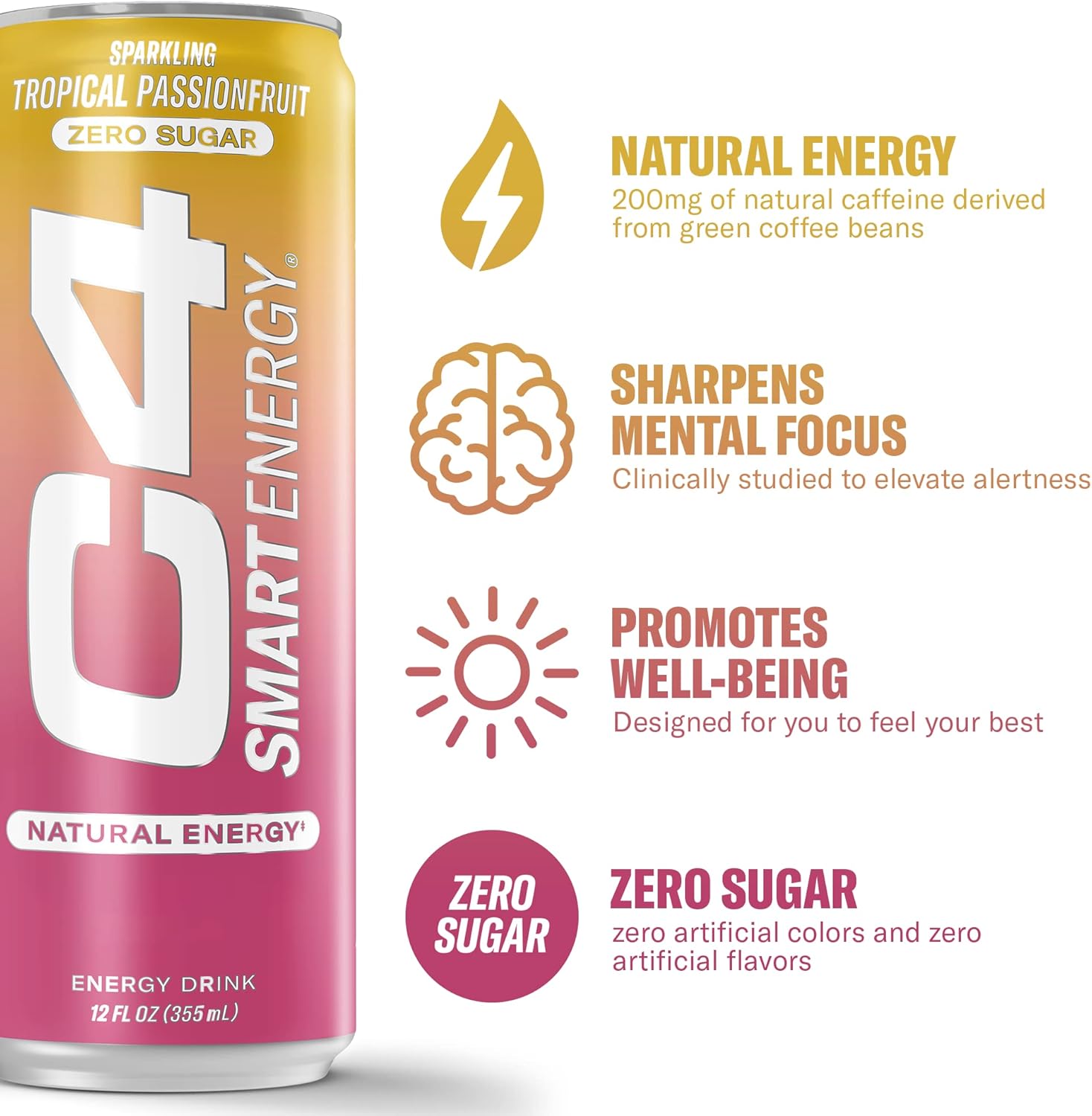 Cellucor C4 Smart Energy Drink - Sugar Free Performance Fuel & Nootropic Brain Booster, Coffee Substitute or Alternative | Tropical Passionfruit 12 Oz - 12 Pack