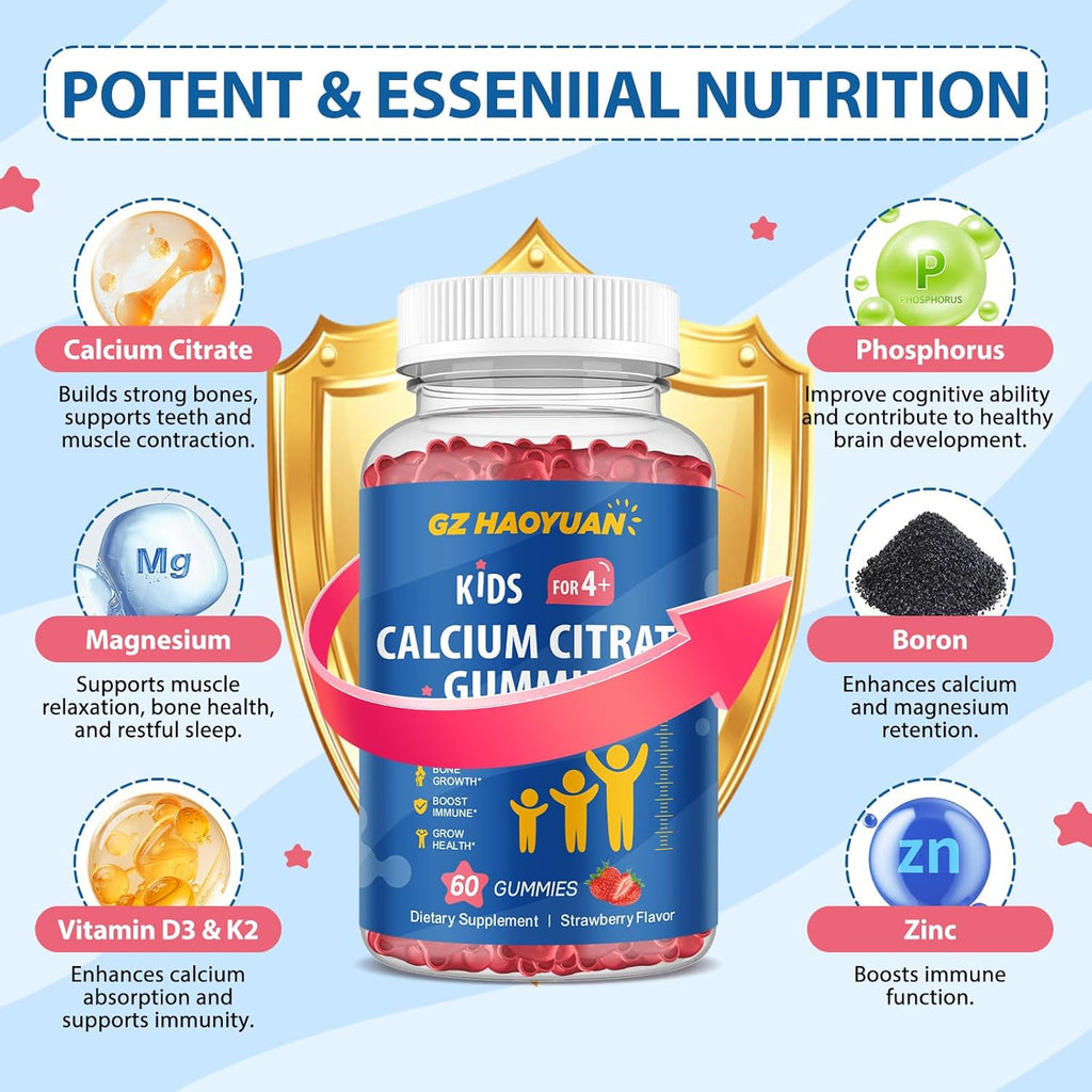 Calcium Citrate Gummies for Kids & Adults- Calcium Supplements with Vitamin D3, K2, Magnesium, Zinc for Bone, Muscle & Immune Support, Sugar Free Calcium Gummies Strawberry Flavor 60 Count