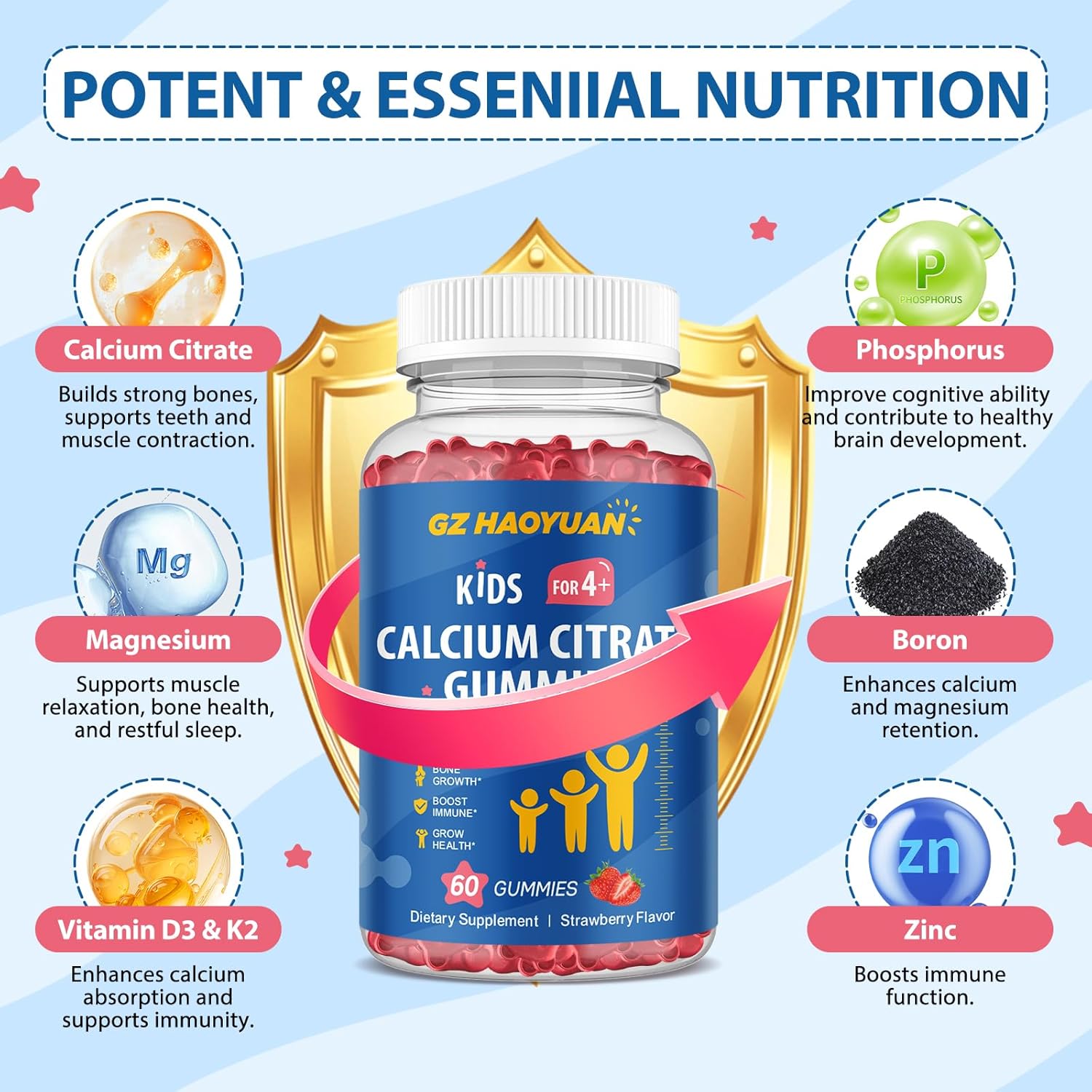 Calcium Citrate Gummies for Kids & Adults- Calcium Supplements with Vitamin D3, K2, Magnesium, Zinc for Bone, Muscle & Immune Support, Sugar Free Calcium Gummies Strawberry Flavor 60 Count