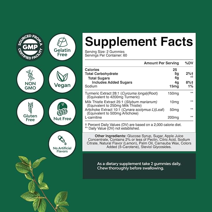 Natures Craft Cleansing Herbal Liver Detox Gummies Liver Support Milk Thistle Gummies with Artichoke Extract Turmeric Curcumin and L-Carnitine - Vegan and Non-GMO - Sweet Lemon (60 Servings)