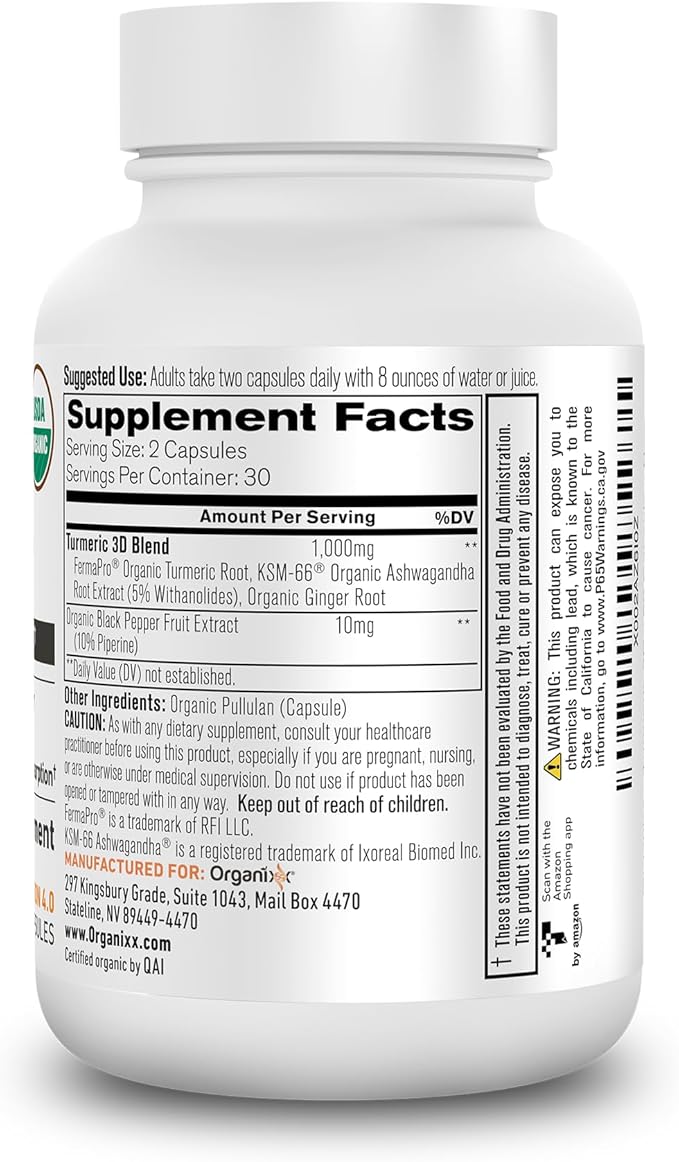Organixx USDA Organic Turmeric Curcumin Supplement with Ashwagandha, Vitamin D, Turmeric & Ginger – Fermented for Maximum Bioavailability, 60 Count (Pack of 3)