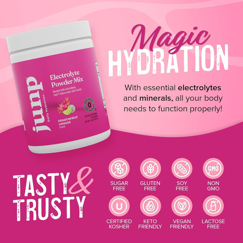 JUNP Electrolytes Powder No Sugar No Carbs - Exotic Tropical Dragonfruit Limeade Drink Mix - Potassium & Salt Electrolyte Hydration Powder Zero Calorie Sugar Free Electrolyte Powder, 180 Servings