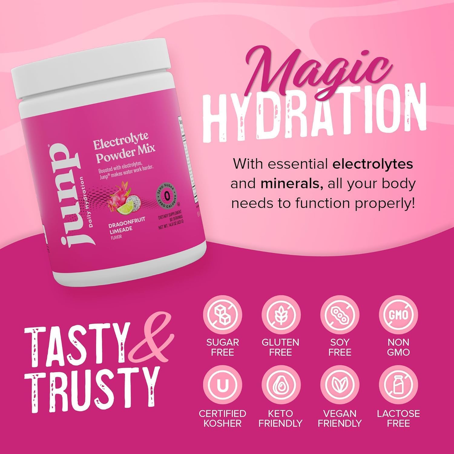 JUNP Electrolytes Powder No Sugar No Carbs - Exotic Tropical Dragonfruit Limeade Drink Mix - Potassium & Salt Electrolyte Hydration Powder Zero Calorie Sugar Free Electrolyte Powder, 180 Servings