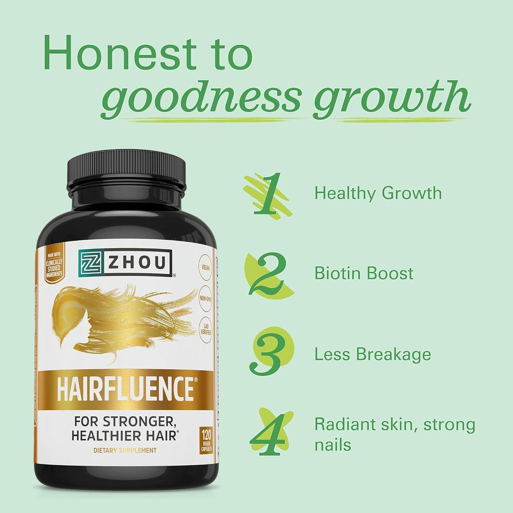 Zhou Hairfluence - Vegan Biotin Supplement for Hair Growth for Men & Women, Lustriva Hair Growth Supplement for Nails & Glowing Skin with B Vitamin Complex & Keranat - 120 Capsules (Pack of 1)