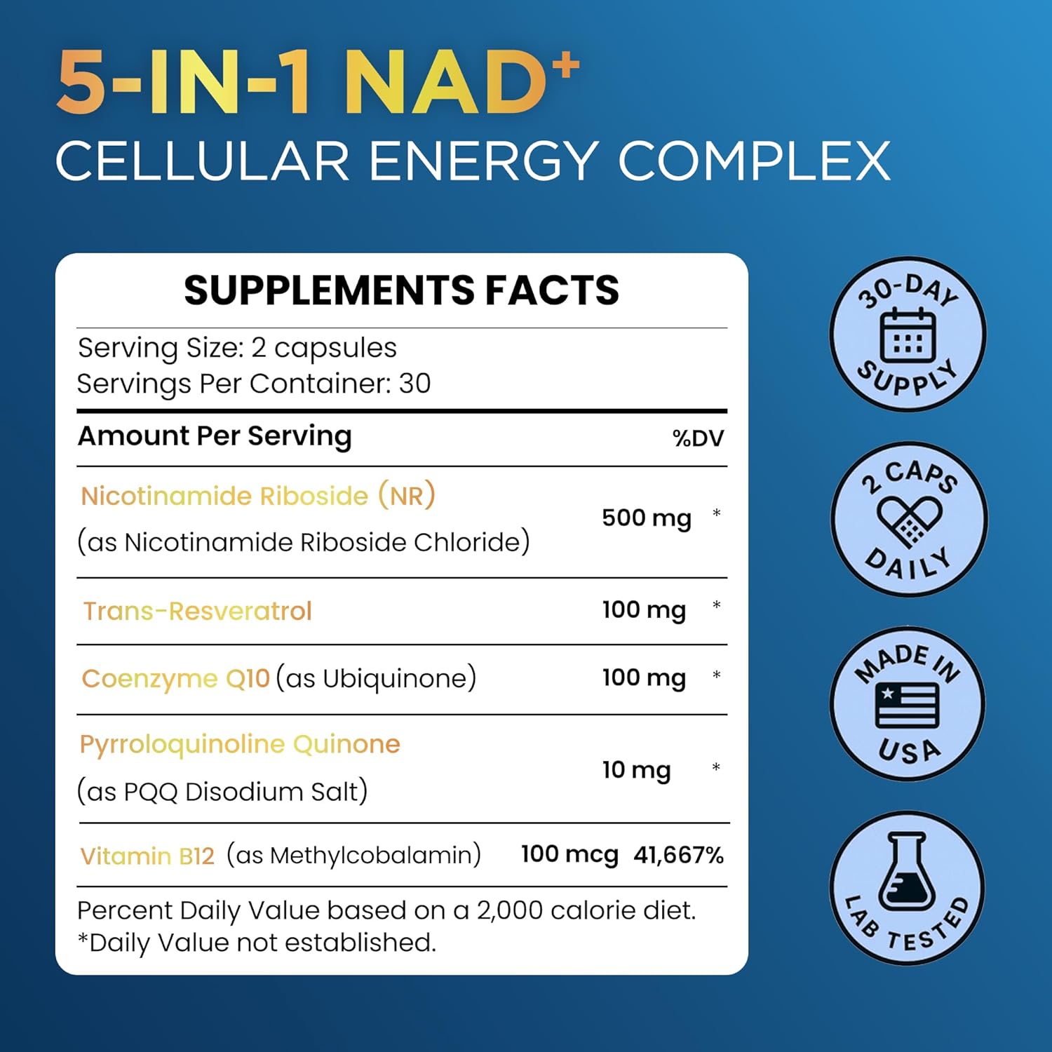 NAD+ Supplement with 500mg NR, Resveratrol, CoQ10, PQQ- 5-in-1 NAD Formula |NMN Supplement Alternative|NAD Resveratrol Support Cellular Energy & Healthy Aging-Made in USA-60 Capsules