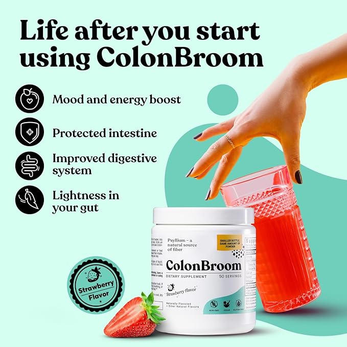 ColonBroom Psyllium Husk Powder (Strawberry) - Colon Cleanse for Bloating Relief & Gut Health - Colon Broom Fiber Powder Drink - Vegan, Gluten Free, Non-GMO Fiber Powder Supplement, 50 Servings