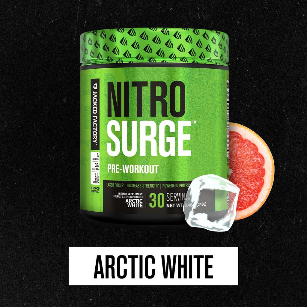 Jacked Factory NITROSURGE Pre Workout Supplement - Endless Energy, Instant Strength Gains, Clear Focus, Intense Pumps - NO Booster & Powerful Preworkout Energy Powder - 30 Servings, Arctic White
