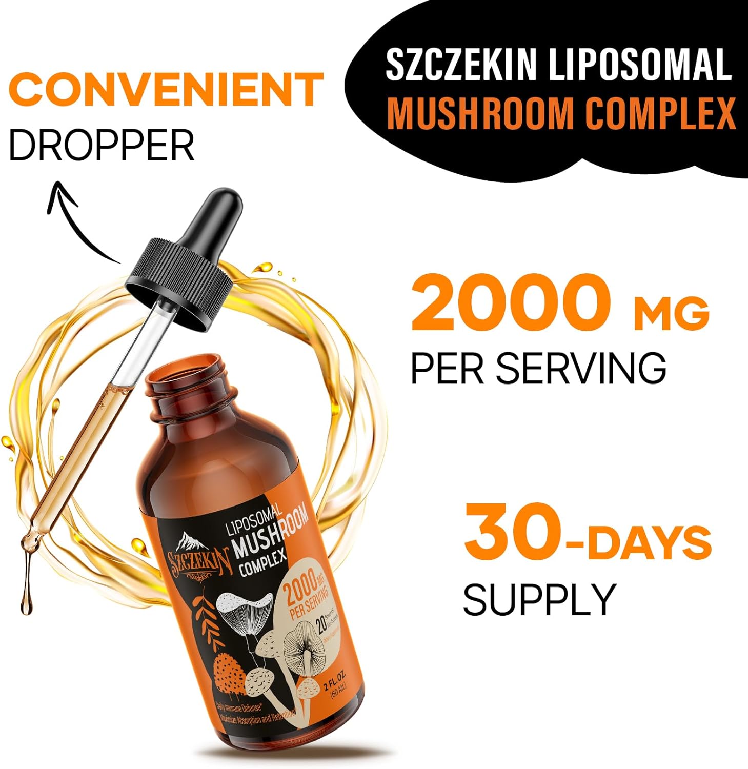 Liposomal Mushroom Complex Drops 2000 MG - 20 Organic Mushroom Extracts - Advanced Liquid Formula for Immunity, Cognitive and Memory - Lions Mane Supplement, Reishi, Cordyceps, Chaga, 180 Servings