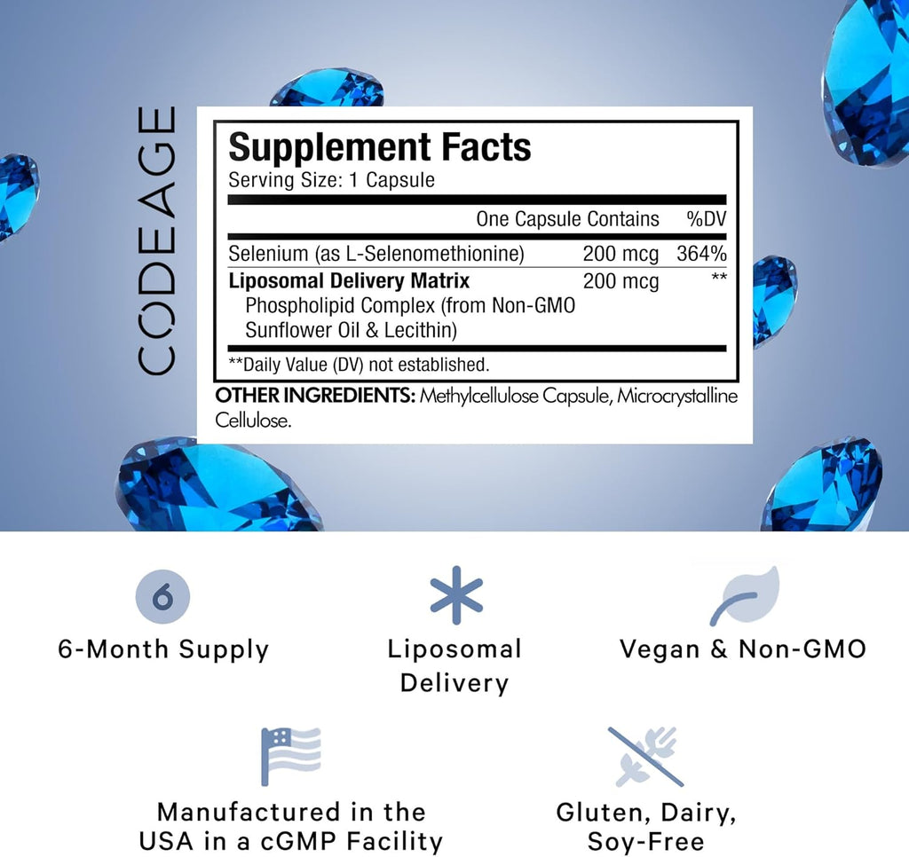 Codeage Selenium 200 mcg Supplement, 6-Month Supply, Immune Support, Mineral Cofactor Selenomethionine, Phospholipids, Vegan, Liposomal Delivery, 180 Capsules