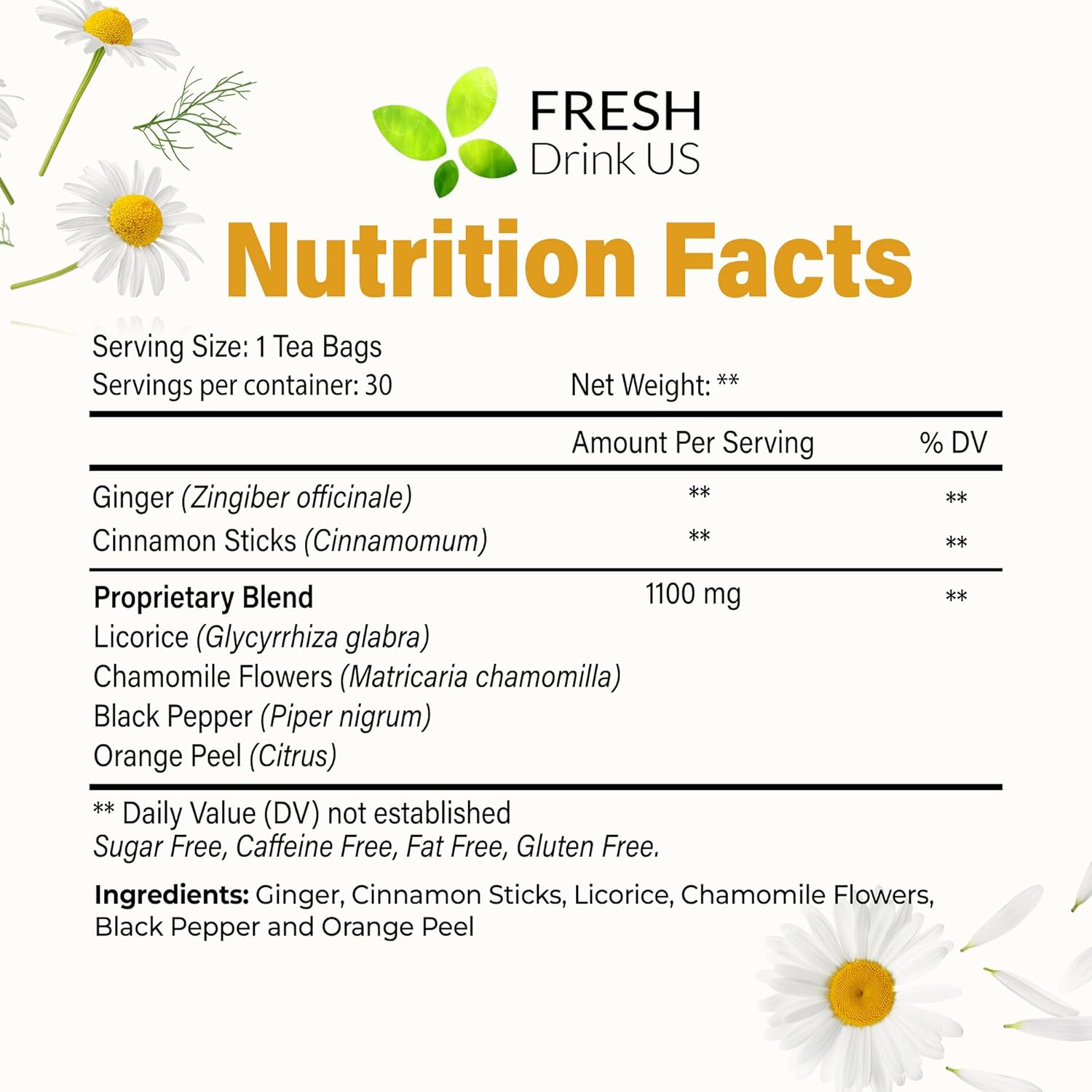 FreshDrinkUS, Premium 30 Tea Bags Immune Support Herbal Tea, Ginger, Cinnamon, Chamomile, Licorice Root, Black Pepper and Orange Peel – 100% Natural, Caffeine-Free, Vegan
