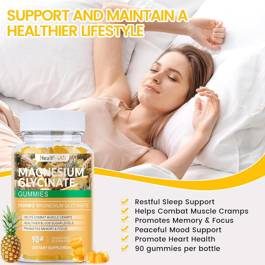 Magnesium Glycinate Gummies 1000mg, High Absorption Sugar Free Magnesium Potassium Supplement for Relaxation, Stress Relief, and Sleep Support for Adults & Kids - 180 Pineapple Gummies