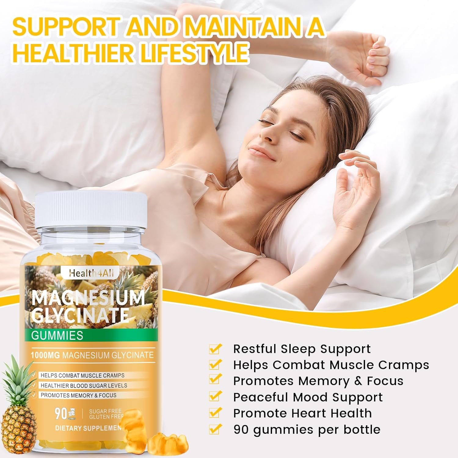 Magnesium Glycinate Gummies 1000mg, High Absorption Sugar Free Magnesium Potassium Supplement for Relaxation, Stress Relief, and Sleep Support for Adults & Kids - 180 Pineapple Gummies