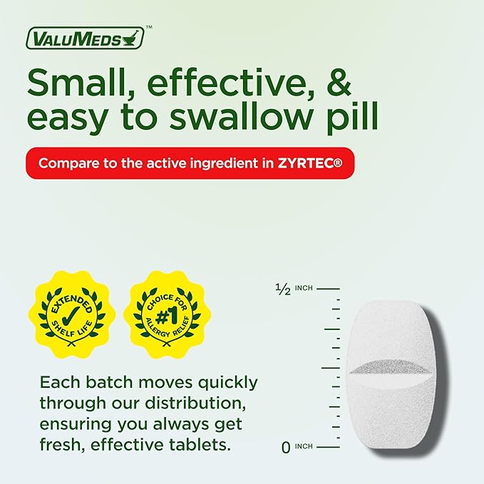 ValuMeds 24-Hour Allergy Medicine Antihistamine for Pollen, Hay Fever, Dry, Itchy Eyes, Allergies | Cetirizine HCl 10mg Caplets, Compare to Leading Brand (100 Count)