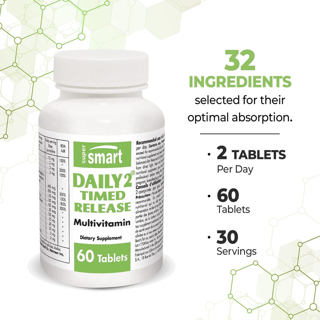 SuperSmart Daily 2 Timed Release (Advanced Complex) - Patented 32-in-1 Multivitamin Formula - with Vitamins, Minerals, Nutrients, Antioxidant | Non-GMO & Gluten Free - 60 Tablets | 1 Month Supply