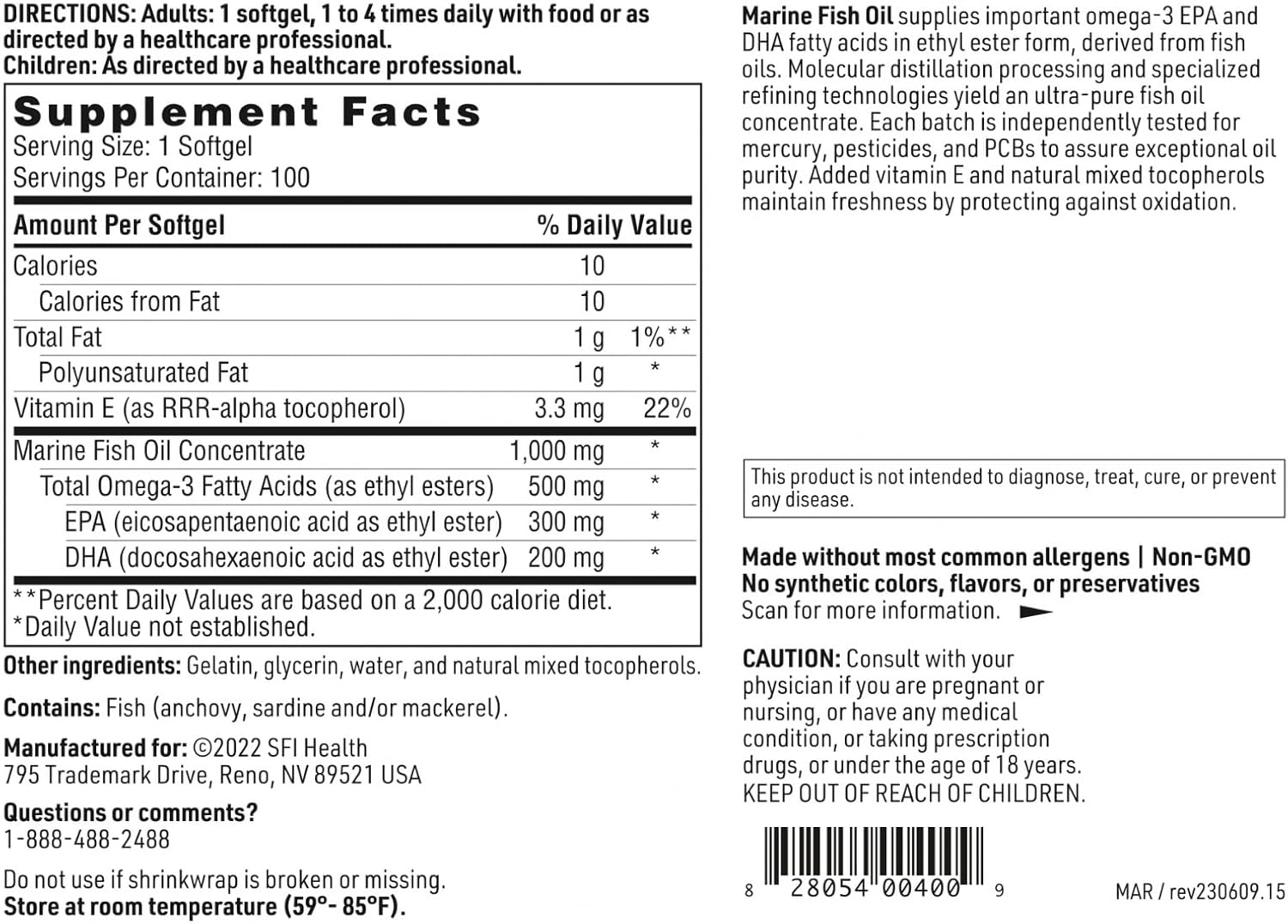Klaire Labs Marine Fish Oil - Ultra Pure 300 Milligrams EPA & 200 Milligrams DHA Omega 3 Unflavored Fish Oil with No Fishy Taste, Gluten-Free (100 Softgels)