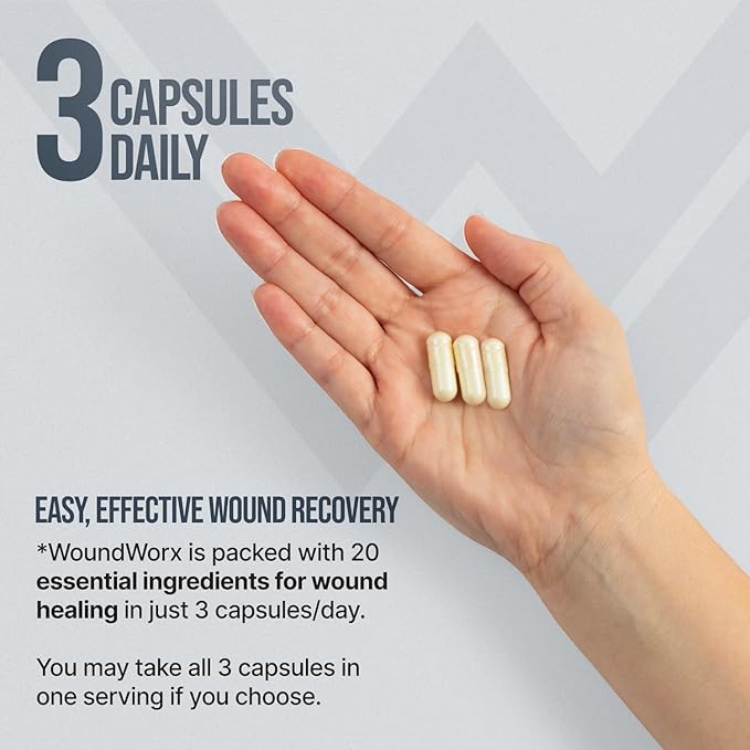Free Life Labs WoundWorx Nutrition-Scar and Surgery Support, Wound Care, General and Plastic Surgery, Faster Healing w/Vitamins, Amino Acids, Collagen, Probiotics, Turmeric, Bromelain-90 caps