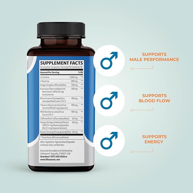 LifeSeasons Nitro-T - Men's Performance Support Supplement - Enhance Stamina & Energy - Promote Healthy Blood Circulation - L-Citrulline L-Theanine Tribulus Ginger Kava & Caffeine - 90 Capsules