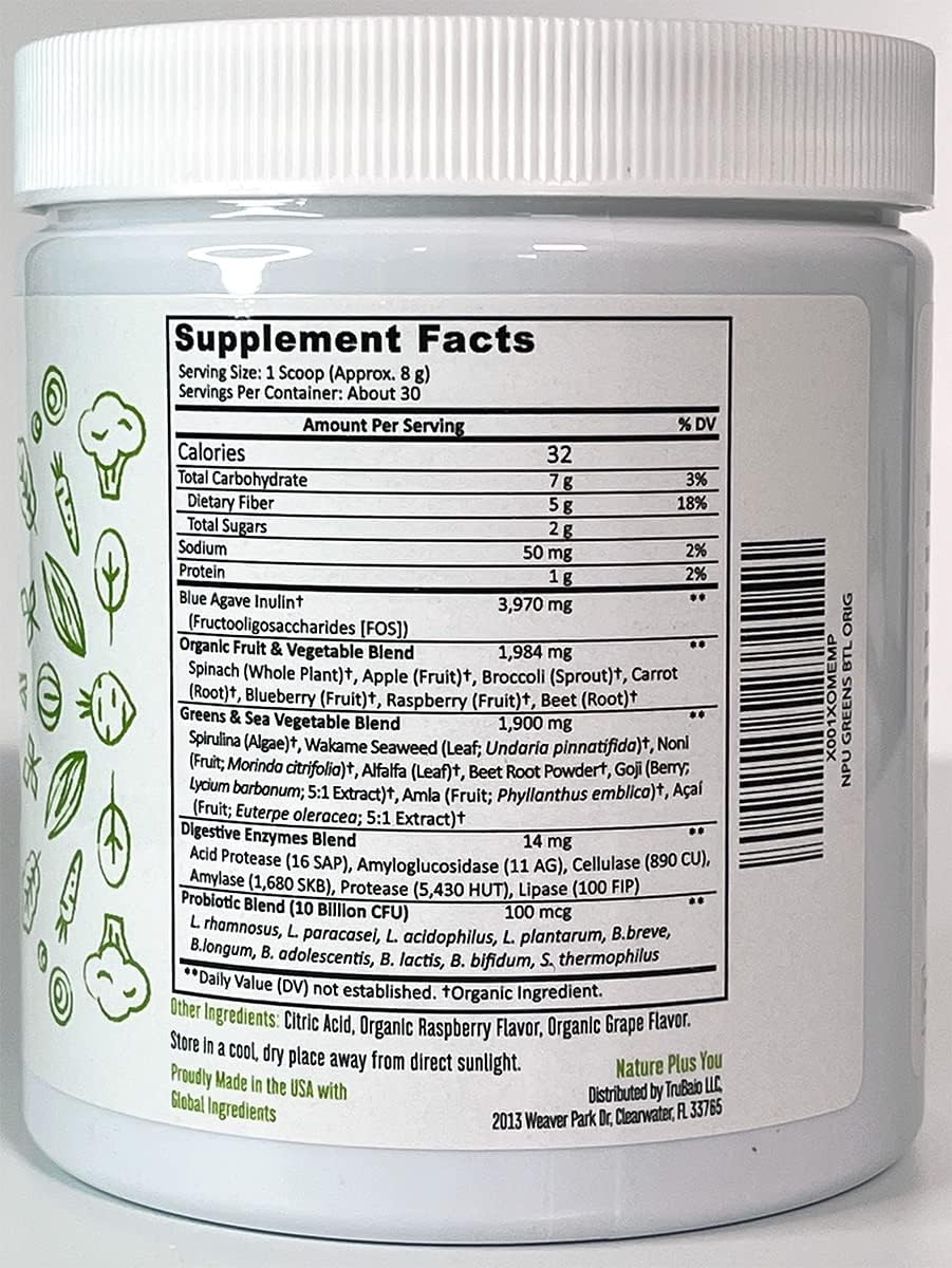 Super Greens Powder Organic Blend: Non-GMO Supplement, Includes Spirulina, Alfalfa, Spinach, Probiotics, Fiber and Digestive Enzymes, No Artificial Sweeteners, 30 Servings