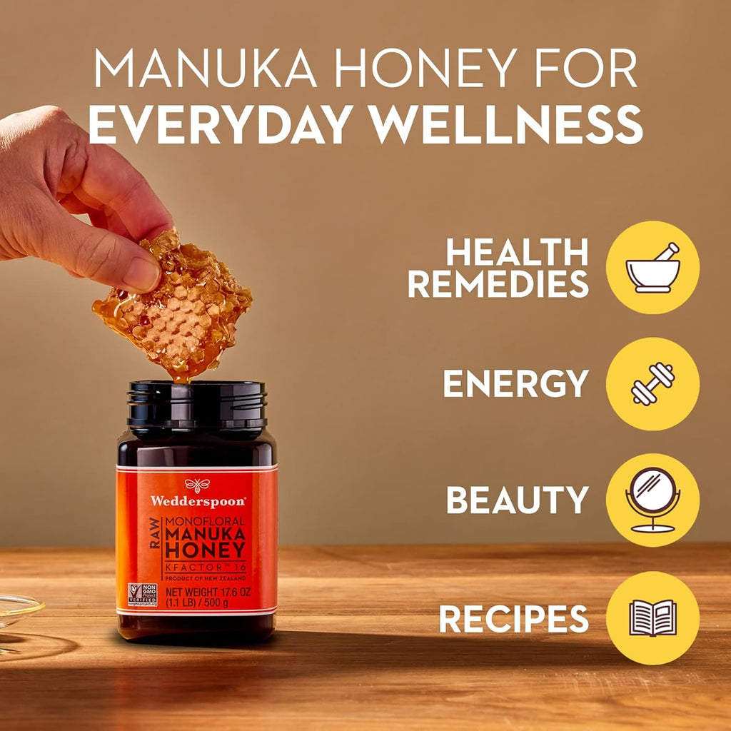 Wedderspoon Raw Premium Manuka Honey, KFactor 16, 35.2 Oz, Unpasteurized, Genuine New Zealand Honey, Traceable From Our Hives To Your Home