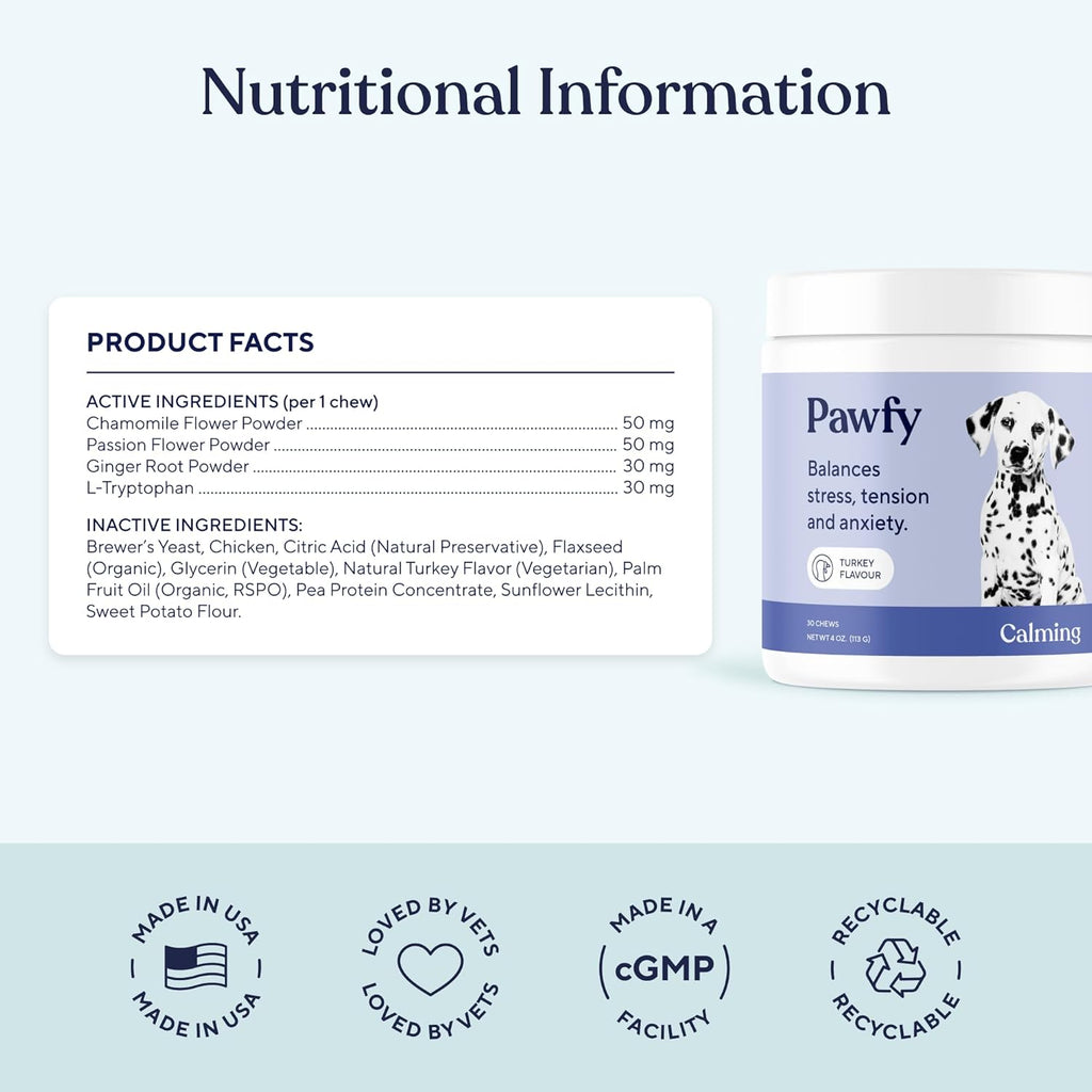 Pawfy Calming Chews for Dogs | Natural Dog Calming Chews - Supports Relaxation and Calm Behavior | Helps with Thunder, Separation, Chewing & Barking | Soothing Aid for Fireworks - 30 Turkey Treats