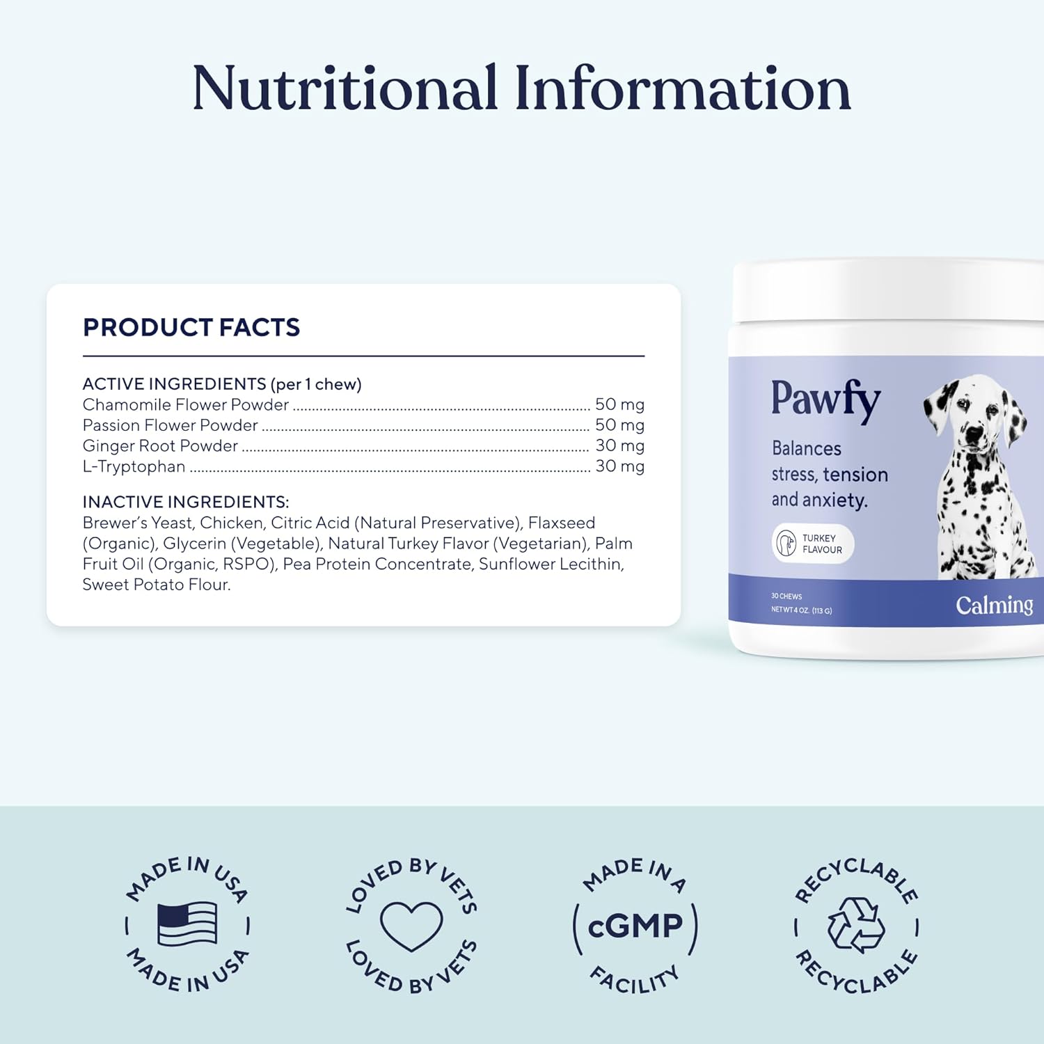 Pawfy Calming Chews for Dogs | Natural Dog Calming Chews - Supports Relaxation and Calm Behavior | Helps with Thunder, Separation, Chewing & Barking | Soothing Aid for Fireworks - 30 Turkey Treats