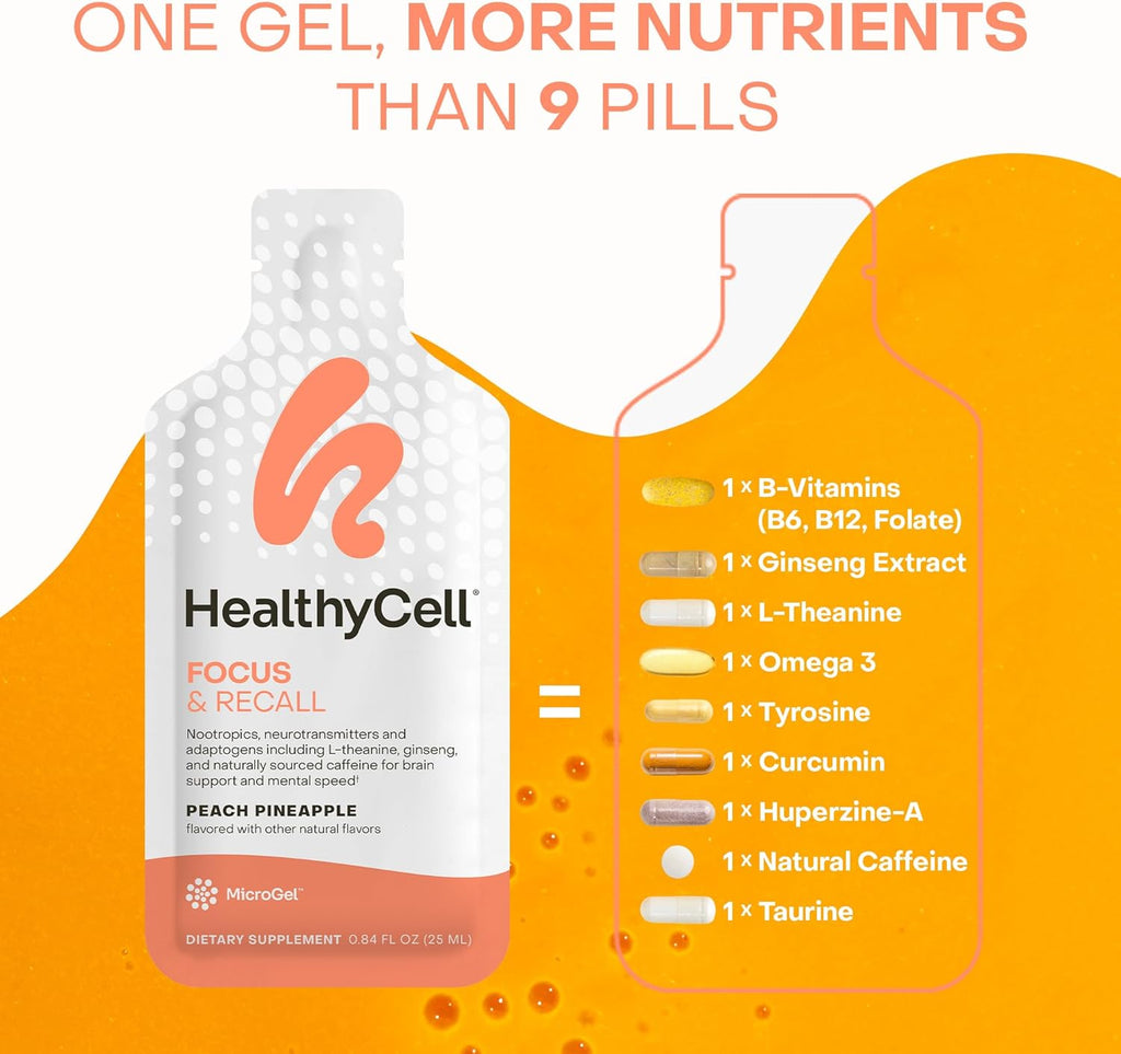 Healthycell Focus & Recall, Daily Liquid Brain Supplement for Focus & Memory - Nootropics Supplement for Concentration & Alertness with L-Theanine, Omega-3 & Taurine - 14 Gel Packs