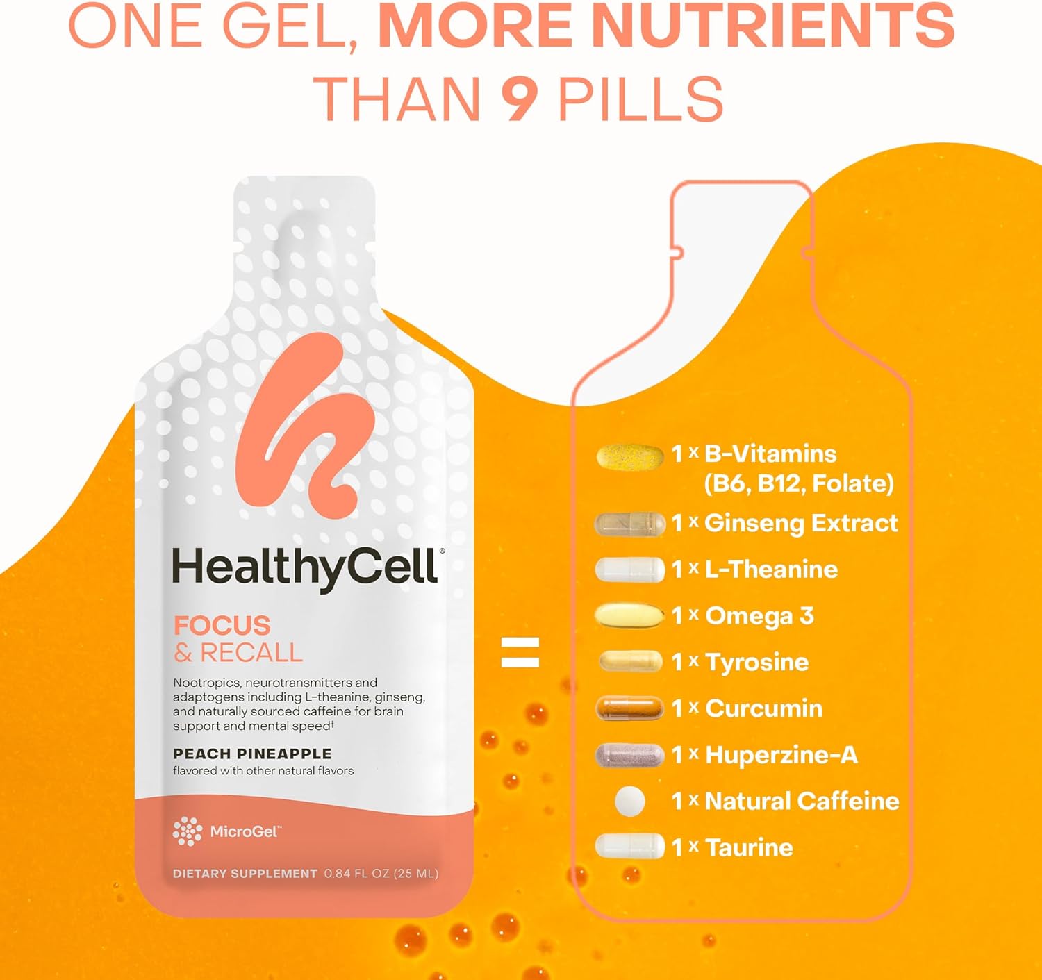 Healthycell Focus & Recall, Daily Liquid Brain Supplement for Focus & Memory - Nootropics Supplement for Concentration & Alertness with L-Theanine, Omega-3 & Taurine - 30 Gel Packs