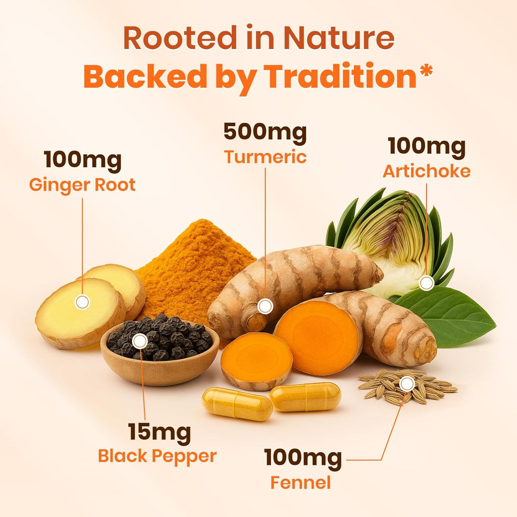 Turmeric Supplement with Ginger Root and BioPerine – 500mg Turmeric Extract – Joint & Digestive Support – 120 Vegan Capsules, Gluten-Free, Sugar-Free