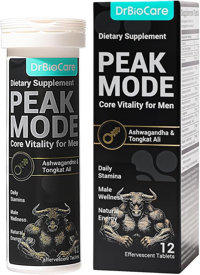 DrBioCare Peak Mode Core Vitality for Men 7-in-1 Effervescent Tablets | Tongkat Ali, Maca & L-Arginine，Ashwagandha, | Boost Stamina, Drive & Blood Flow for Good Performance | Berry Flavor 12 Tablets