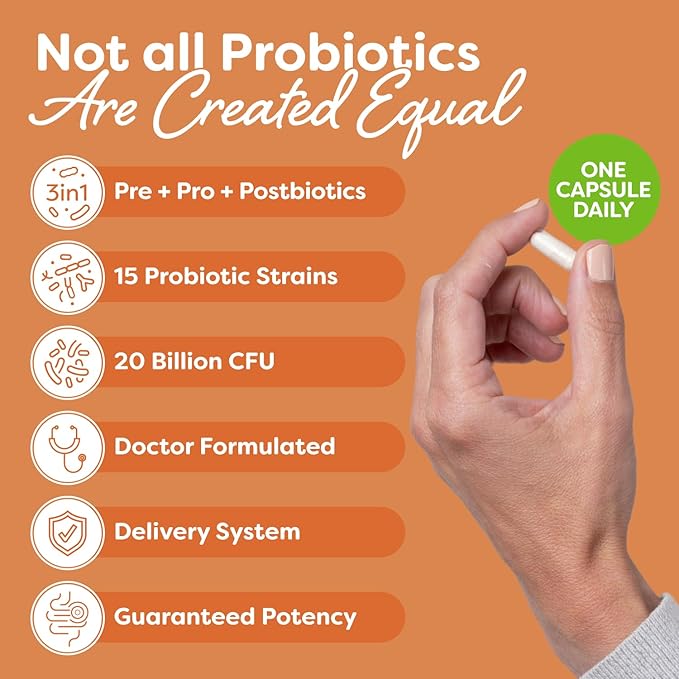 Probulin Total Care Probiotic Supplement, Daily Gut, Digestive, and Immune Health Probiotics Capsules for Men and Women, 20 Billion CFU, Vegan, 30 Count Bottle