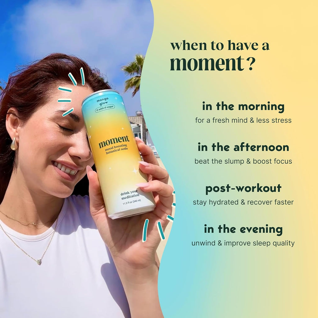 Moment Botanical Soda Soft Drink (Shark Tank) - SPARKLING Drinks | Mango Glow | L-Theanine & Ashwagandha for Calm & Clarity | 0 Added Sugar 0 Caffeine | 12-pack