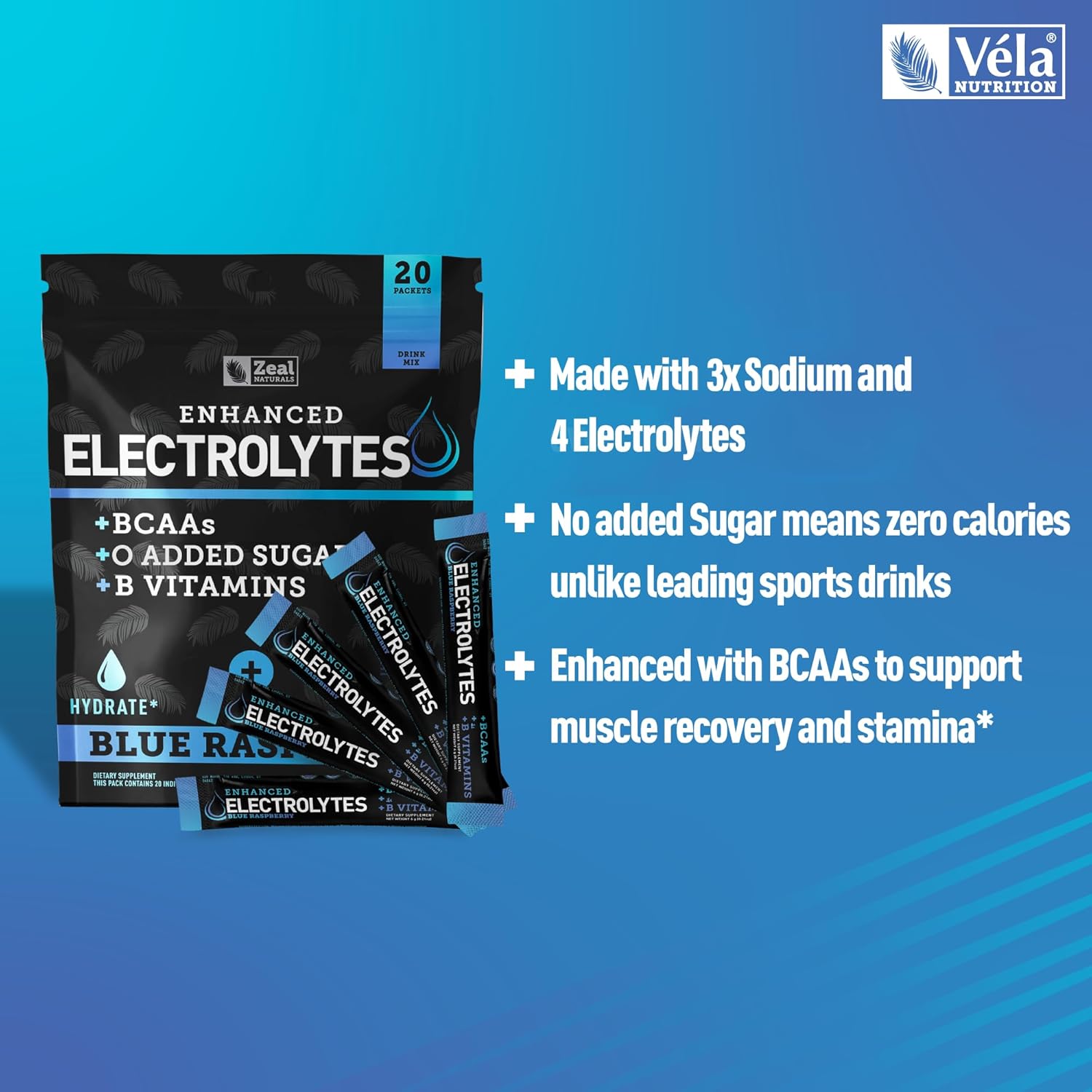 Enhanced Electrolyte Powder Stick Packs (Blue Raspberry | 20 Packets) w/ 0 Sugar +BCAAs +B-Vitamins Electrolyte Supplement w Potassium Zinc & Magnesium for Hydration - Keto Electrolytes