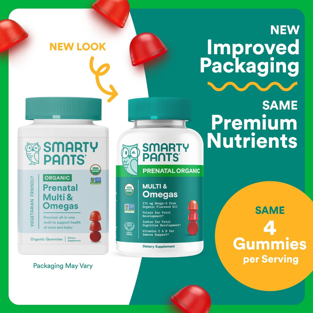 SmartyPants Organic Prenatal Vitamins for Women, Multivitamin Gummies: Biotin, Methylfolate, Omega 3 (ALA), Vitamin D3, C, Vitamin B12, B6, A, K2 & Zinc, Choline, Vegetarian, 120 Count (30 Day Supply)