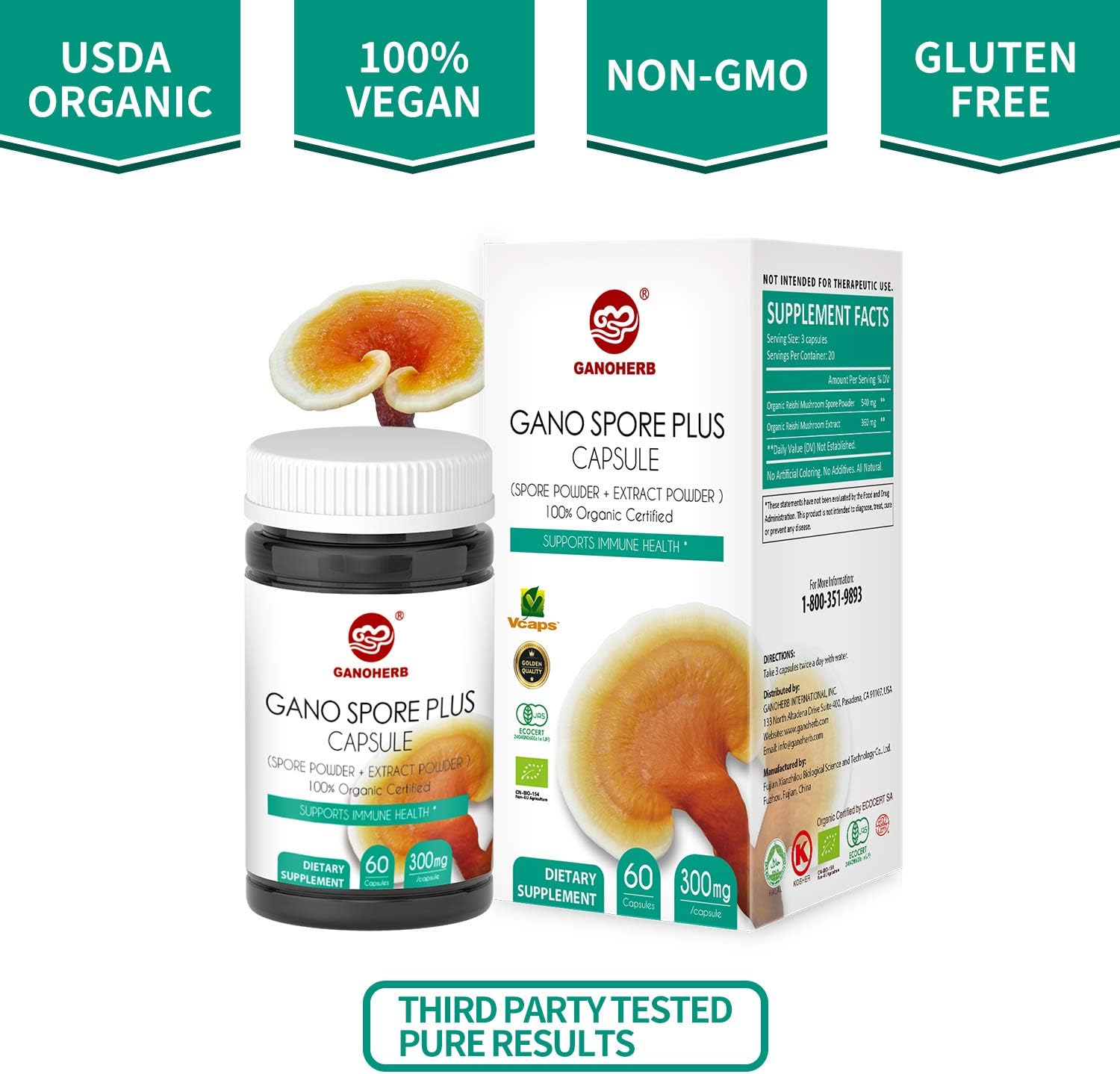 Organic Reishi Mushroom Spore Plus Capsules with 100% Ganoderma Lucidum Spore Powder+ Extract, Vegan, All Natural, Non-GMO & Gluten Free, 60 Veggie Capsules