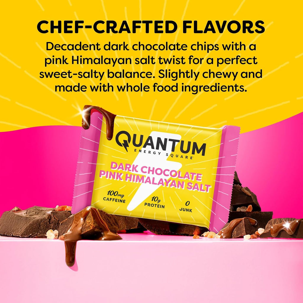 Quantum Energy Square: Energy Bar with Caffeine & 10g Protein. Delicious Healthy Snack On The Go. (Vegan, Gluten-free, Soy-free, Dairy-free) (Dark Chocolate Pink Himalayan Salt)