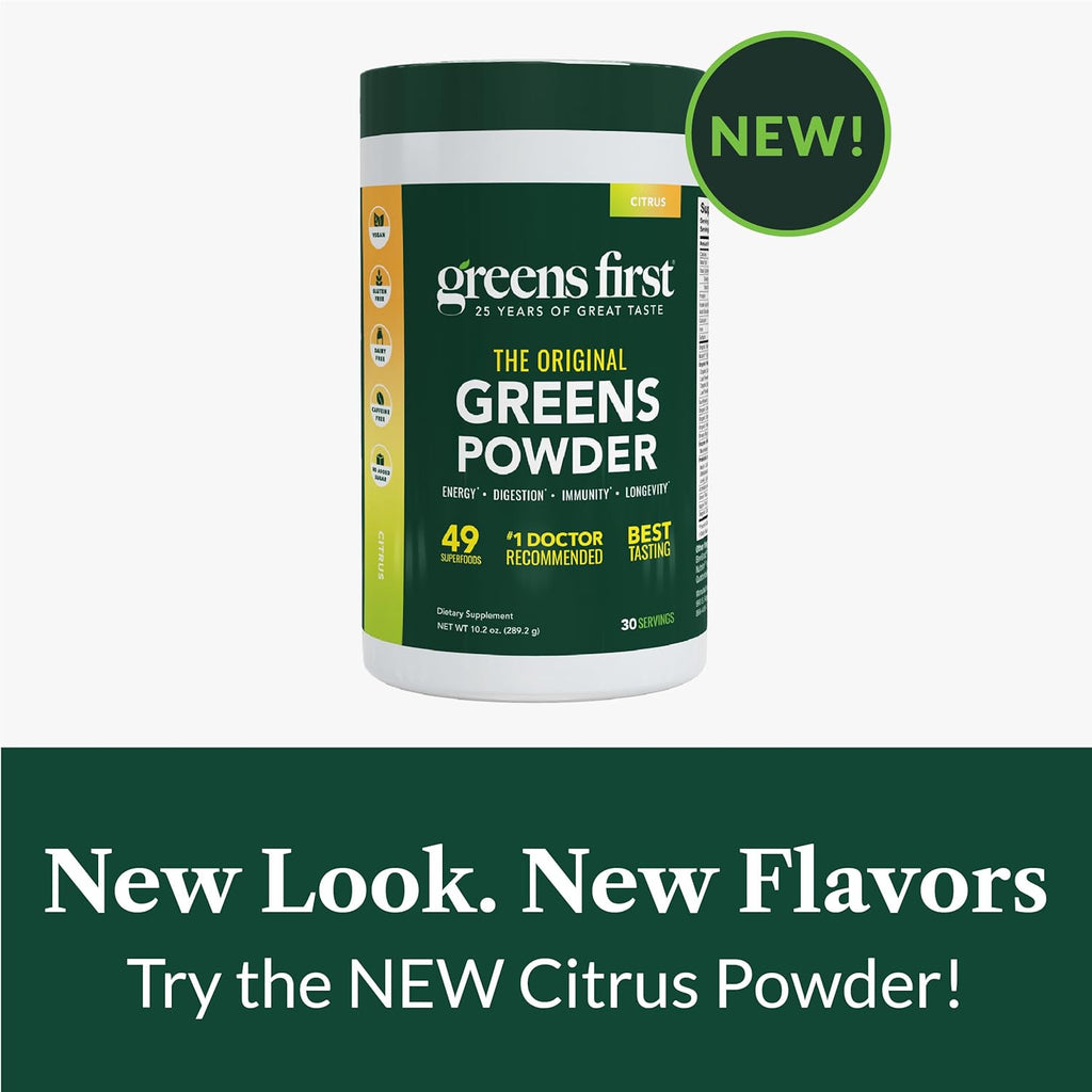 Greens First Original Greens Powder - 49 Superfoods - Organic Fruits & Veggies - Prebiotics, Probiotics & Digestive Enzymes - Antioxidant Smoothie - Dairy Free/Vegan/Non-GMO (Citrus, 30 Servings)