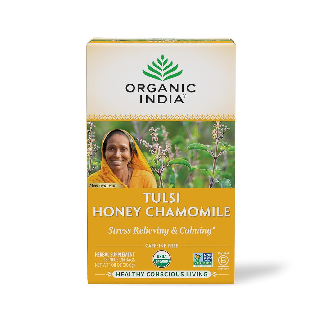 Organic India Tulsi Honey Chamomile Herbal Tea - Holy Basil, Stress Relieving & Calming, Immune Support, Adaptogen, Vegan, USDA Certified Organic, Caffeine-Free - 18 Infusion Bags, 1 Pack