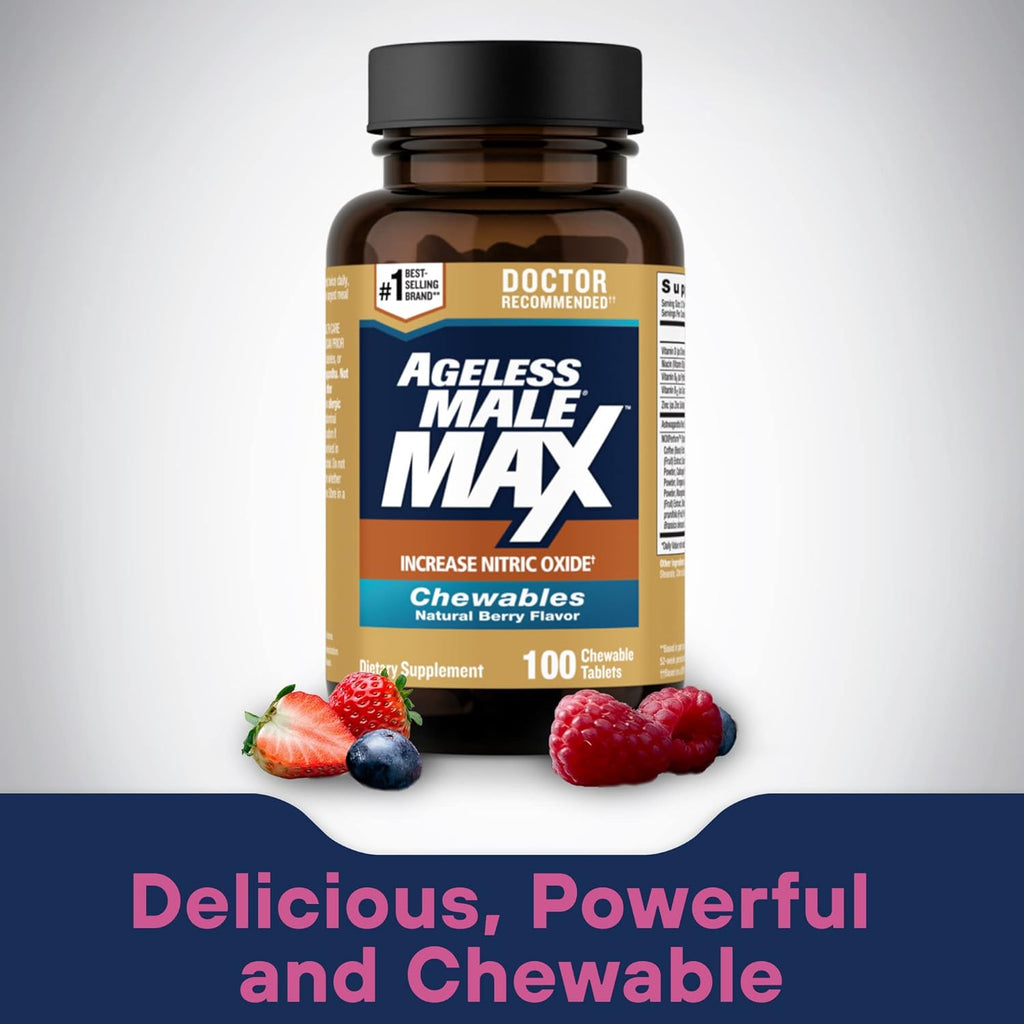 Max Chewable Nitric Oxide Booster Supplement for Men – High Potency Ashwagandha Extract to Boost Workouts, Muscle & Performance, Reduce Stress, Support Sleep - 100 Count