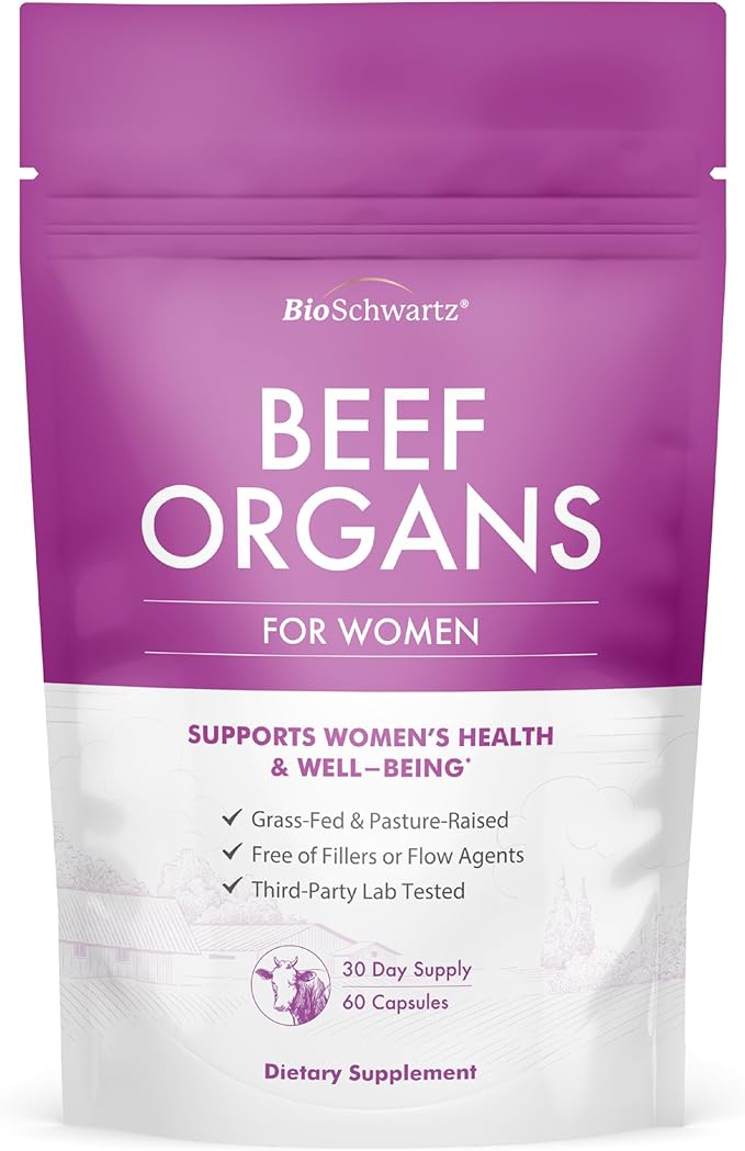 BioSchwartz Primal Beef Organ Supplement for Women - 60 Capsules - Grass-Fed & Pasture-Raised - Supports Healthy Hair Skin and Nails, Hormone Balance - with Bovine Liver, Kidney, Heart, Uterus Powder