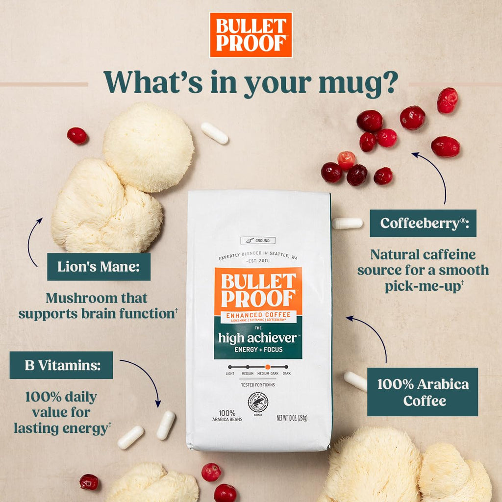 Bulletproof The High Achiever Single-Serve Pods, 10 count, Medium-Dark Roast Enhanced Coffee with Lion's Mane Mushroom, B Vitamins, and Adaptogens for Energy and Focus, Packaging May Vary