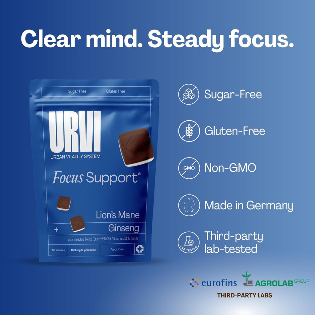 URVI® Focus Gummies – Lion's Mane Mushroom, Ginseng, Folate (Quatrefolic®), Vitamin B12 & Iodine – Nootropic Brain Supplement Boosts Memory, Focus & Energy – Sugar-Free – Cola Flavor – 60 Gummies