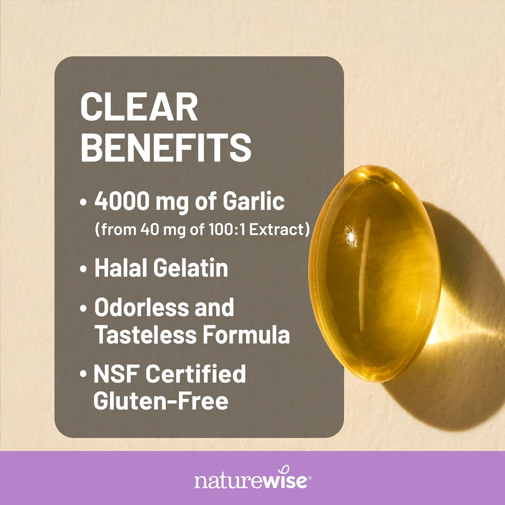 NatureWise Odorless Garlic Supplement 4000mg - Ultra Potent 100:1 Extract - Healthy Cholesterol Formula, Heart Health Support - Non-GMO, Gluten Free, with Halal Gelatin - 60 Count[30-Day Supply]
